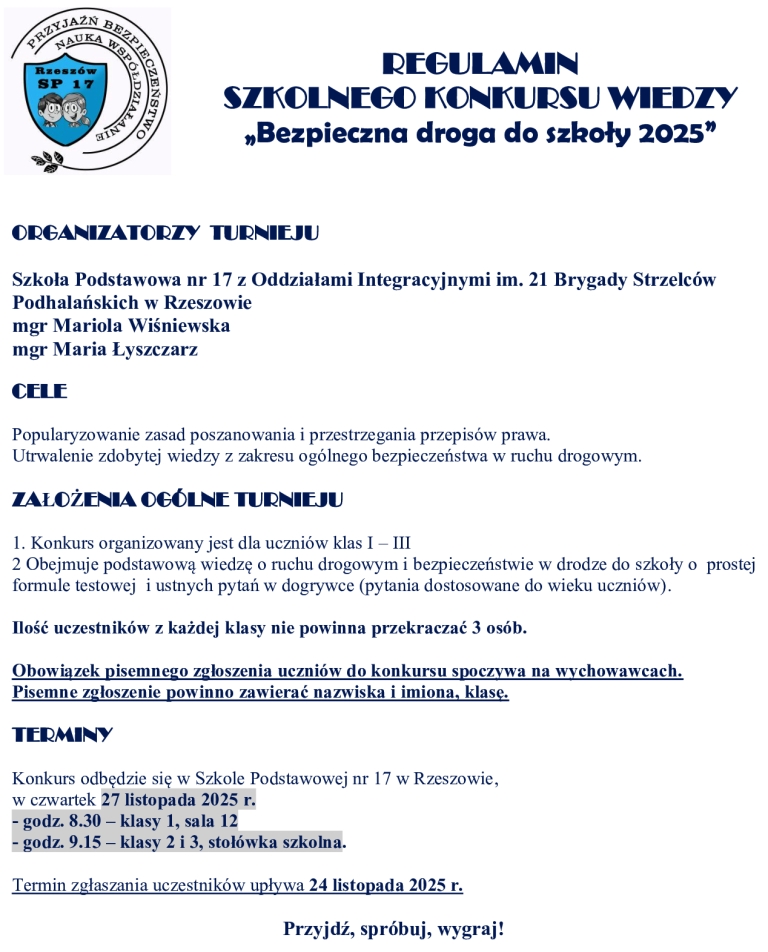 REGULAMIN Szkolnego Konkursu Ruch drogowy 2025