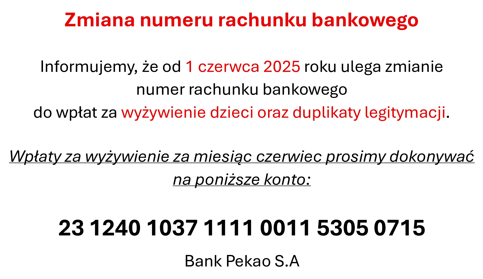 Zmiana numeru rachunku bankowego